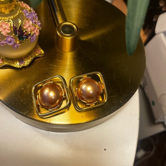 Vintage Monet Gold-Tone Clip-On Earrings with Pearl Accent - Picture 3 of 3